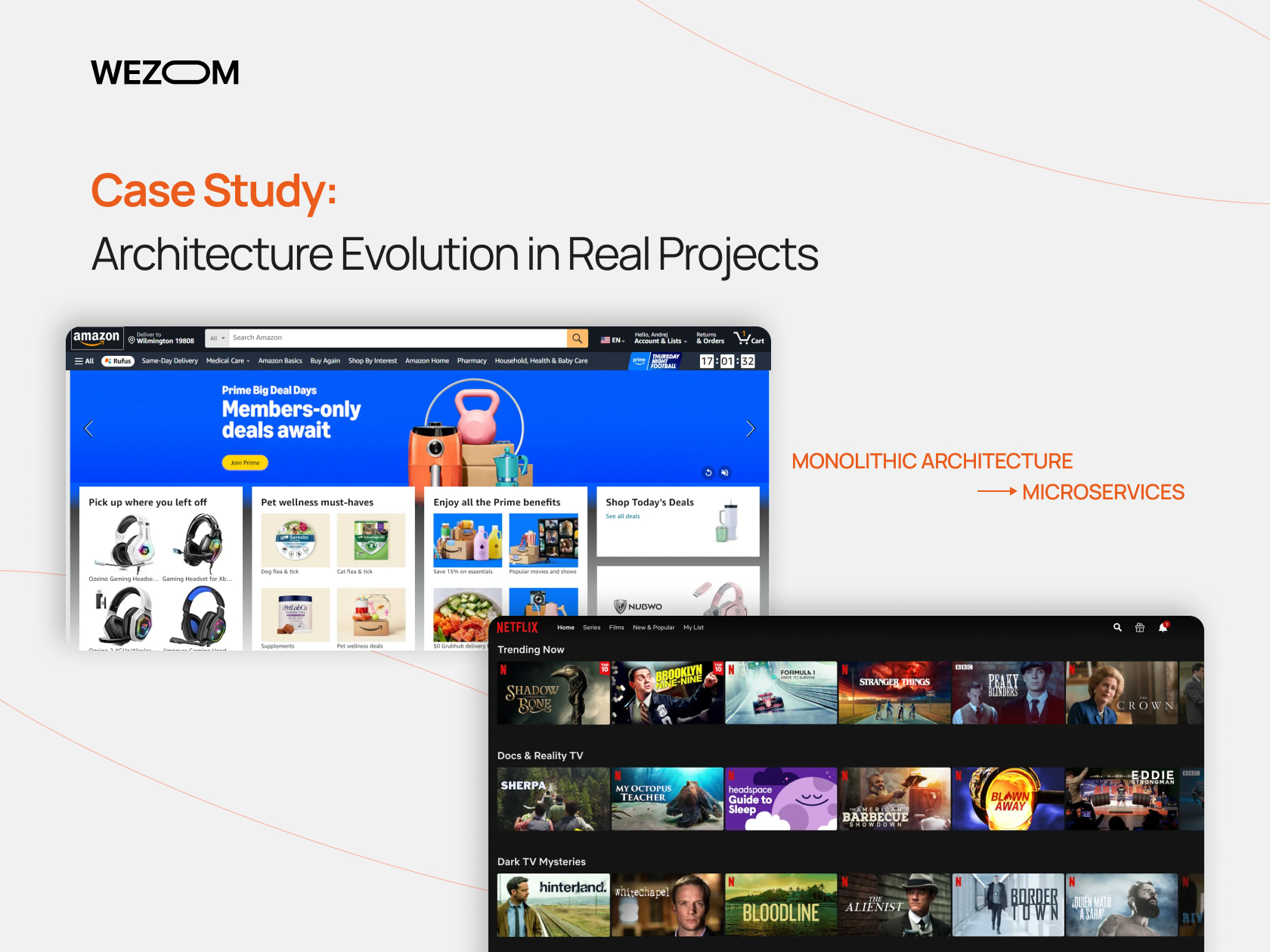 Case study showing evolution from monolithic architecture to microservices in real-world scalable app architecture examples like Amazon and Netflix.